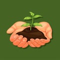 Hand holding plant, back to nature and go green campaign symbol concept in realistic cartoon vector