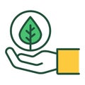 Hand holding plant color line icon. Environmental protection. Isolated vector element. Outline pictogram for web page Royalty Free Stock Photo