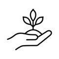 Hand holding plant with leaves. Business growing or agriculture outlined symbol Royalty Free Stock Photo