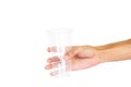 Hand holding plastic cup isolated on white background with clipping path Royalty Free Stock Photo