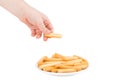 Hand holding plate of crispy bread sticks on white background. B Royalty Free Stock Photo