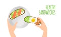 Hand holding plate healthy sandwich with fried egg smoked salmon cream cheese avocado top view