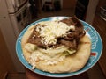 Hand holding plate with lamb meat gyro in kitchen Royalty Free Stock Photo