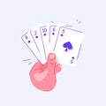 Hand holding playing cards. Flush in poker. Pastime with friends. Family table leisure games. Sports and recreation Royalty Free Stock Photo