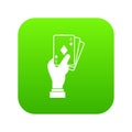 Hand holding playing cards icon digital green