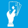 Hand holding playing cards icon white