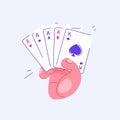 Hand holding playing cards in poker. Four of a kind. Pastime with friends. Family table leisure games. Sports and Royalty Free Stock Photo