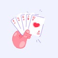 Hand holding playing cards. Royal flush in hearts in poker. Pastime with friends. Family table leisure games. Sports and Royalty Free Stock Photo