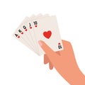 Hand holding playing cards. A royal straight flush in hearts. Vector illustration Royalty Free Stock Photo