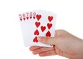 hand holding Playing cards, a straight flush isolated Royalty Free Stock Photo
