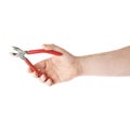Hand holding a plier tool, composition isolated over the white background