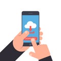 Hand holding and pointing to a smartphone. Download or upload button. Cloud icon with arrow. Flat illustration isolated