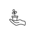 Hand holding pot with plant line icon Royalty Free Stock Photo