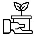 Hand holding pot with plant line icon. Sprout in pot vector illustration isolated on white. Flover pot in hand outline Royalty Free Stock Photo
