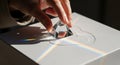 Hand holding prism refracting light on white surface Royalty Free Stock Photo