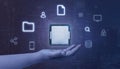 Hand holding processor surrounded with online, computing services icons Royalty Free Stock Photo