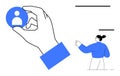 Hand Holding Profile Icon and Woman Pointing, User Interaction and Digital Identity Royalty Free Stock Photo