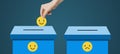 Hand holding and putting smile emotion icons into feedback box for giving best service ranking. Royalty Free Stock Photo