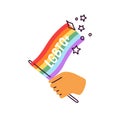 Hand holding rainbow-colored flag for homosexual, lesbian, gay love support. LGBTQ symbol, pride month, homosexuality