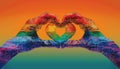 A hand holding a rainbow heart by AI generated image Royalty Free Stock Photo
