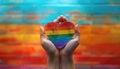 A hand holding a rainbow heart by AI generated image Royalty Free Stock Photo