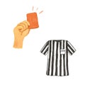 Hand holding red card. Penalty proof, Soccer or football referees hand with foulcard warning. Referee's striped T Royalty Free Stock Photo
