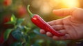 A hand holding a red chili pepper in front of green plants, AI Royalty Free Stock Photo