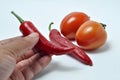 Hand holding red chili and tomato Royalty Free Stock Photo