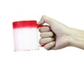 Hand holding red coffee mug isolated on white background. Changing color when hot temperature. Clipping path Royalty Free Stock Photo