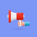 Hand holding red megaphone in 3d vector, advertising, attention, speaker, loudspeaker, hiring illustration Royalty Free Stock Photo