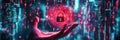Hand holding a red padlock symbol against a digital data background Royalty Free Stock Photo