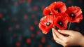 Hand holding red poppy flowers with copy space remembrance day Veterans day Anzac day lest we forget concept Royalty Free Stock Photo