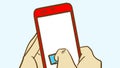 Cartoon hand holding a red smartphone. A finger is poking on the screen Royalty Free Stock Photo