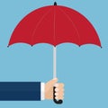 Hand holding a red umbrella. Protection concept. Vector illustration