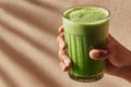 Hand holding green smoothie in elegant glass with light and shadows Royalty Free Stock Photo