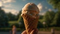 Hand holding refreshing ice cream cone brings summer joy and indulgence generated by AI