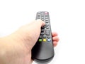 Hand holding a remote control TV isolated on white background Royalty Free Stock Photo