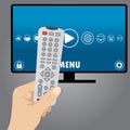 Hand holding a remote control, smart television Royalty Free Stock Photo