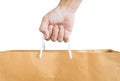 Hand holding reuse paper bag, isolated on white background Royalty Free Stock Photo