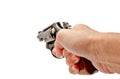 A hand holding a revolver gun pointing forward