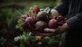 Hand holding ripe beet from homegrown garden generated by AI