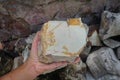 Hand holding a rock containing oxide of Manganese and Pyrolusite fractions stone.