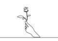 Hand holding rose flower. Continuous one line drawing, minimalism vector illustration simplicity style Royalty Free Stock Photo