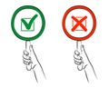 Hand holding round frame or card on handle. Mark X and Mark V. Red Cross sign. Green Tick sign. Yes and No icons for website Royalty Free Stock Photo