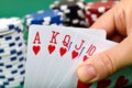 Hand holding royal flush Royalty Free Stock Photo