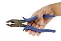 A hand holding a rusted and beatup industrial blue pliers Royalty Free Stock Photo