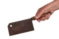 Hand holding a rusty old butcher cleaver with wooden handle isolated on a white background. Vintage butcher or kitchen knife with Royalty Free Stock Photo