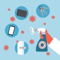 Hand holding sanitizer bottle spraying on mobile phone, wallet, key and door knob. Coronavirus disease prevention. Disinfect Covid