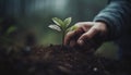 Hand holding sapling, new life begins outdoors generative AI