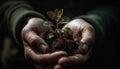 Hand holding sapling, new life for environment, green beginnings generated by AI